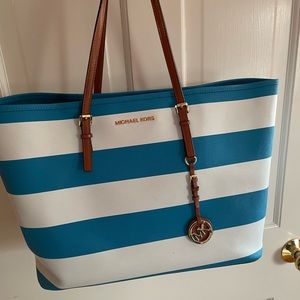 Michael Kore Blue & White striped tote